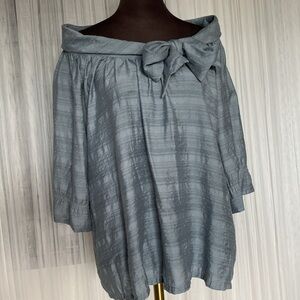 BCBGMaxAzria blouse bow, wide neckline, steel blue textured, boxy fit! Size XL